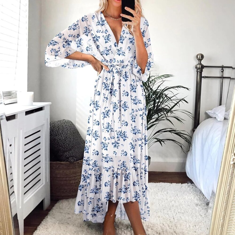 Women's Floral Boho Maxi Dress 3/4 Sleeve V Neck Tie Waist Casual Elegant - Picture 6 of 6